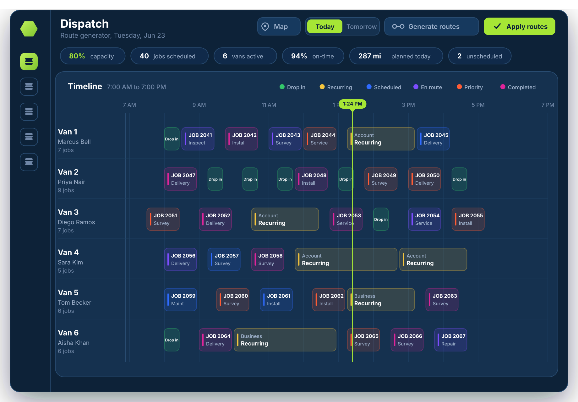 Dispatch route generator showing a daily timeline of jobs across six vans.